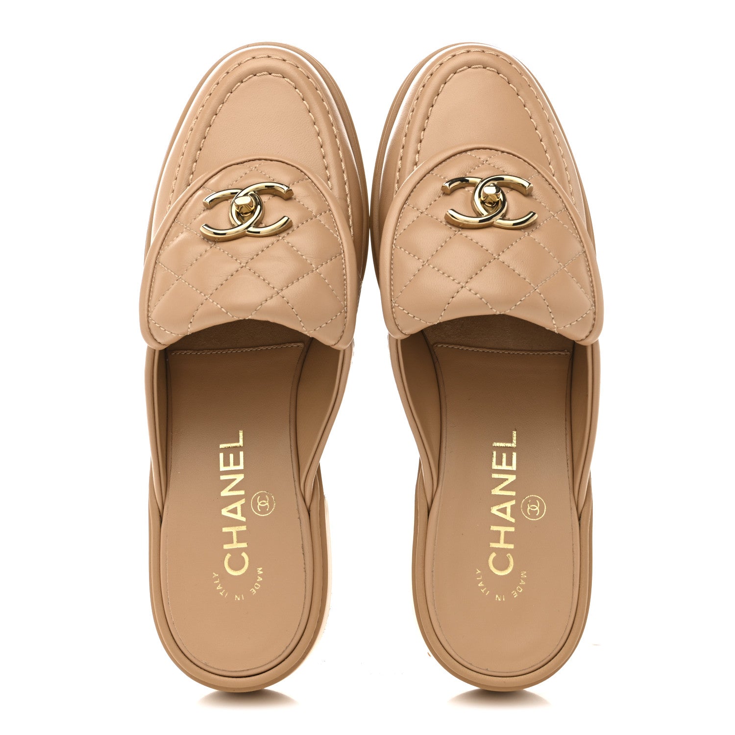 Lambskin Quilted CC Turnlock Mules 37.5 Light Beige