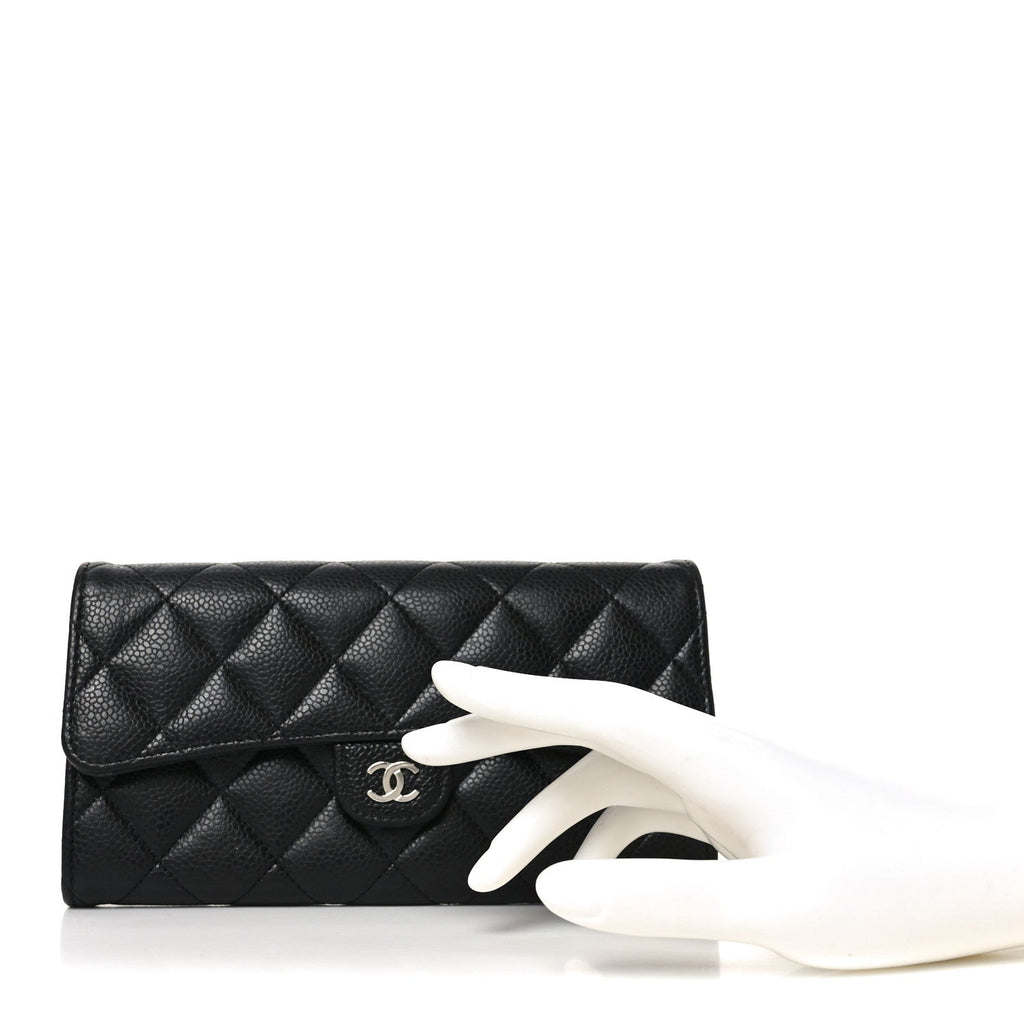 Caviar Quilted Large Gusset Flap Wallet Black