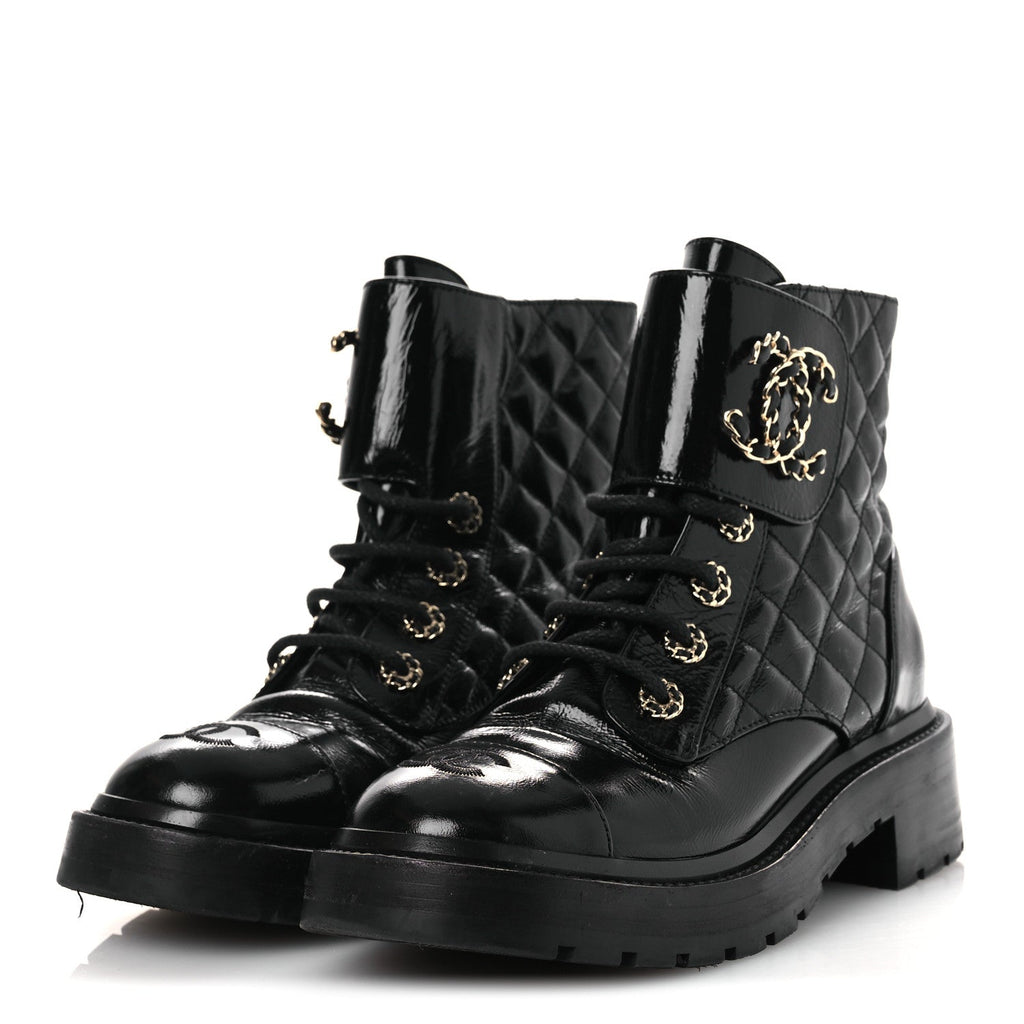 Chanel Shiny Calfskin Quilted Lace Up Combat Boots 37 Black