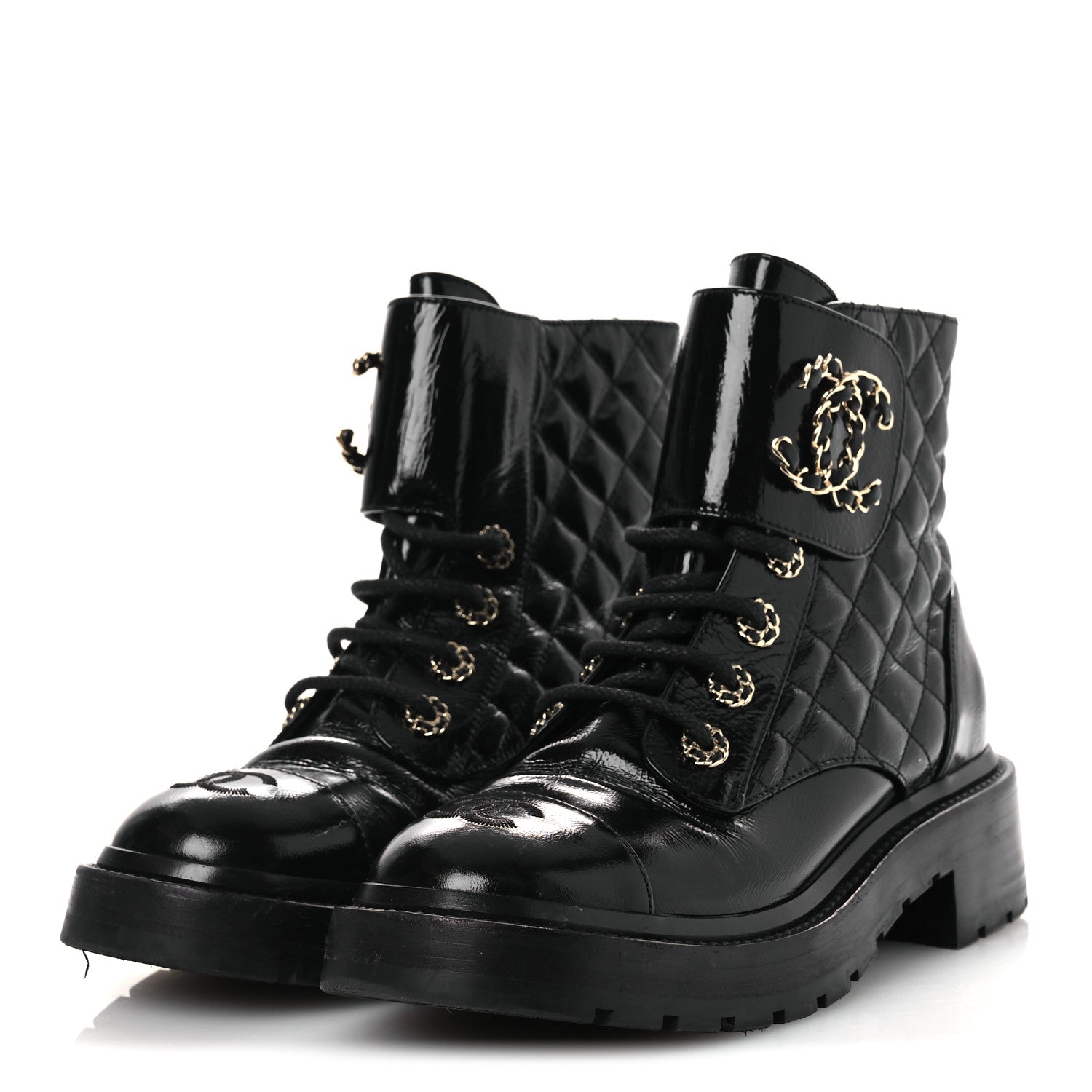 Chanel Shiny Calfskin Quilted Lace Up Combat Boots 37 Black