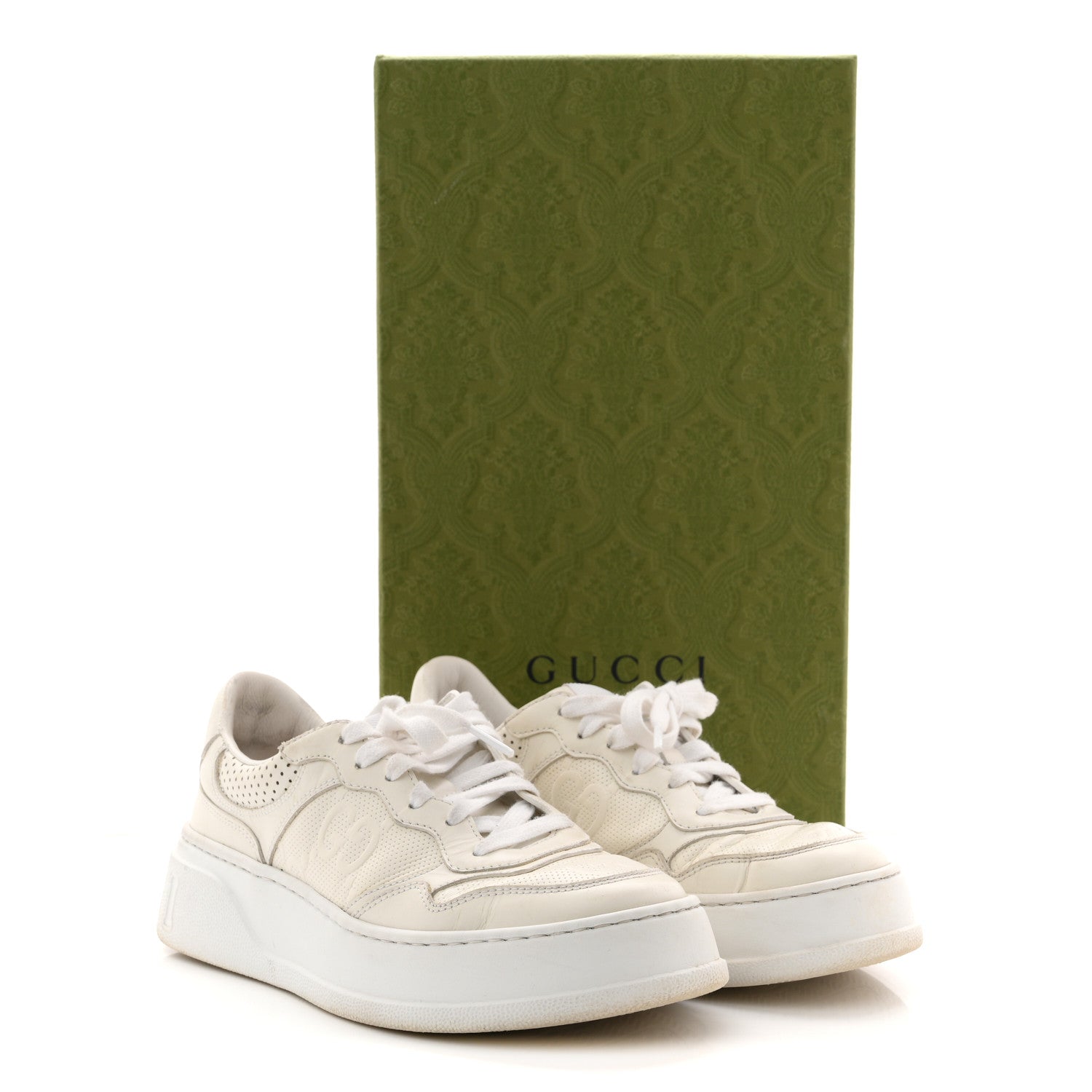 Gucci Calfskin GG Tennis Embossed Perforated Womens Platform 55mm Sneakers 37 Great White
