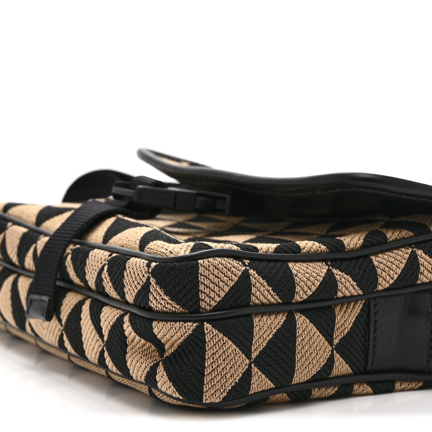 Prada Jacquard Saffiano Triangolo Symbole Embroidered Pocket Single Snap Buckle Messenger Flap Bag  Black Corda