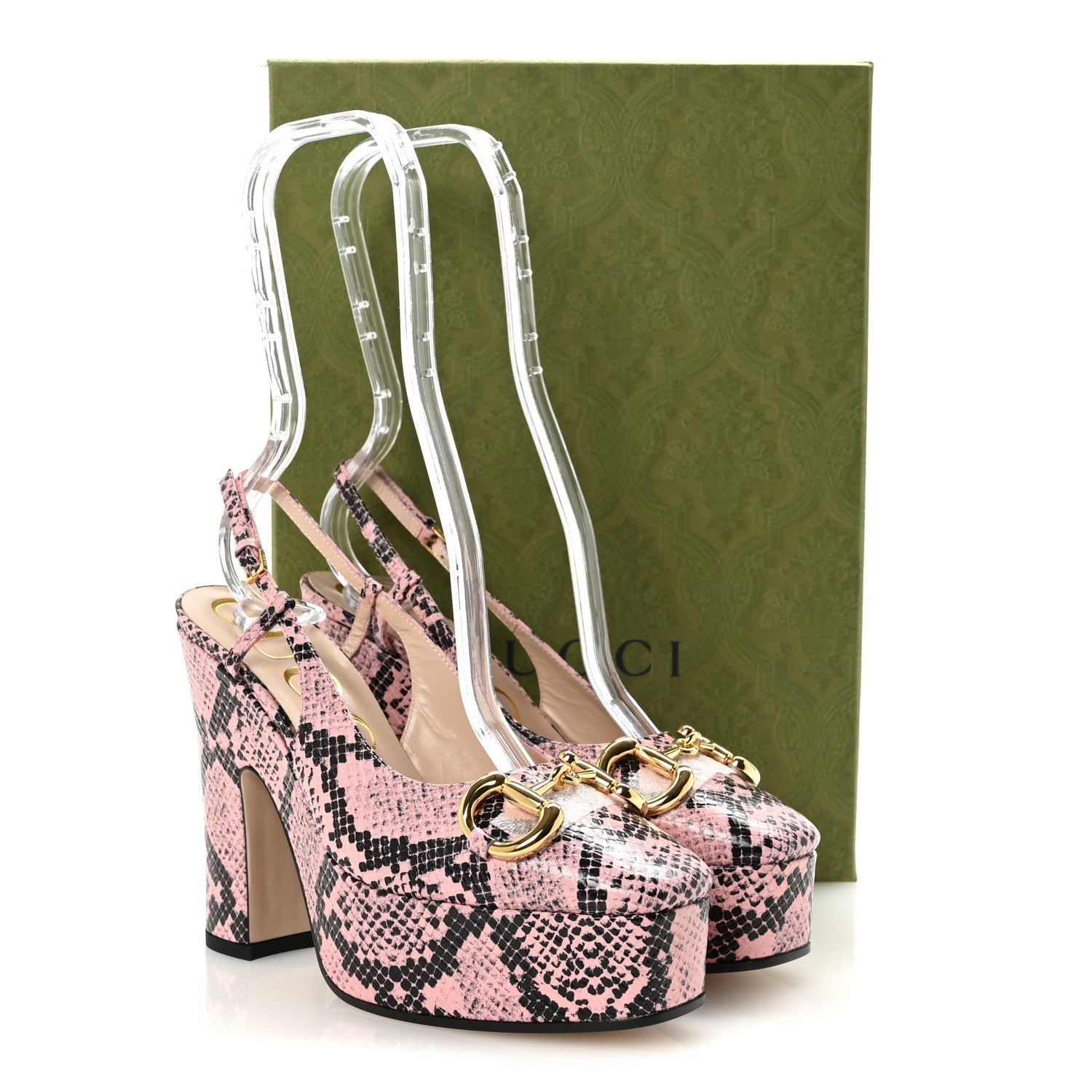 Gucci Calfskin Python Print Horsebit Platform 35/120mm Slingback Pumps 35 Wild Rose