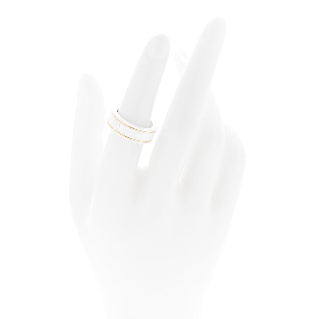 Gucci 18K Yellow Gold Ceramic Icon Band Ring 53 6.25 White