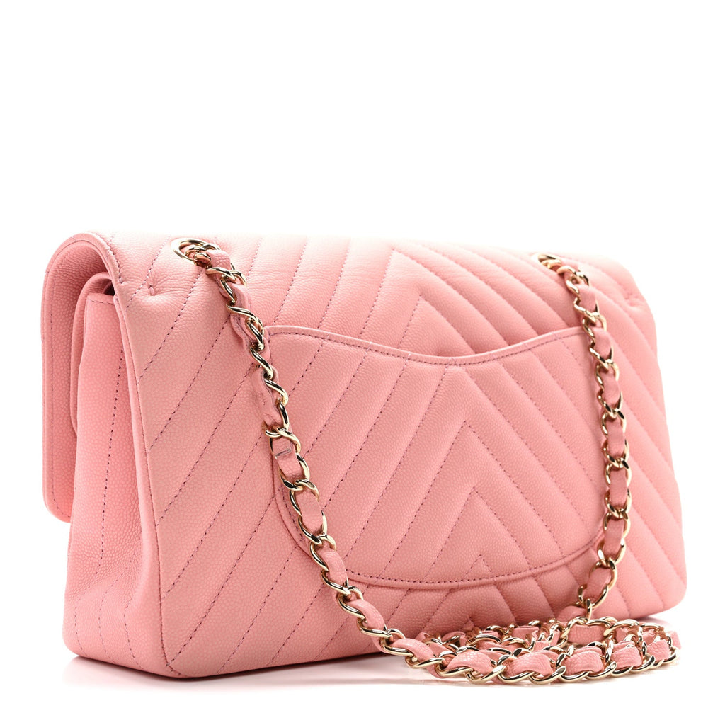 Chanel Caviar Flat Chevron Quilted Medium Double Flap Pink