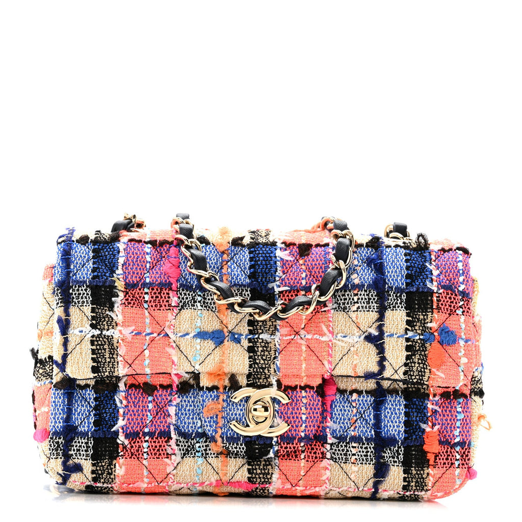 Chanel Tweed Quilted Mini Rectangular Flap Blue Orange Pink