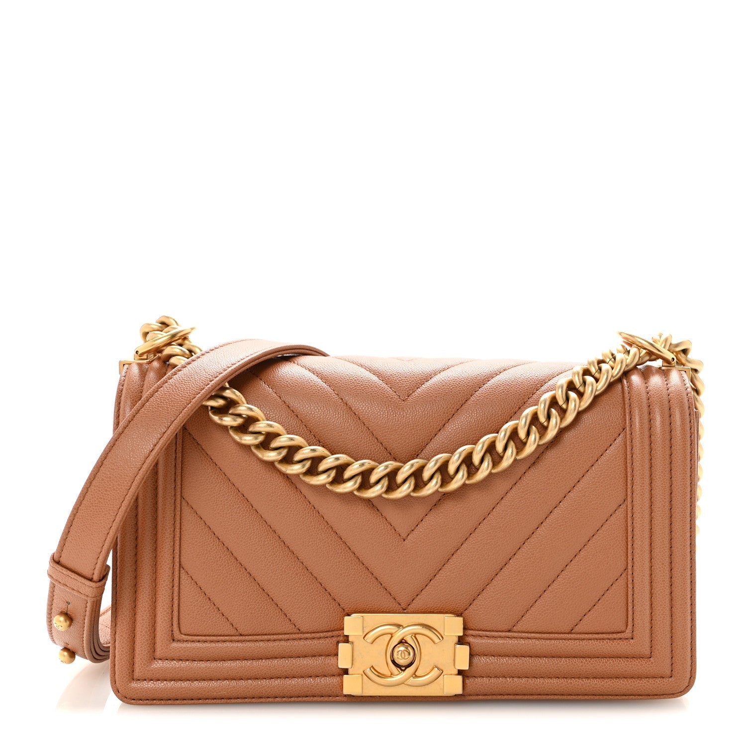 Chanel Caviar Chevron Quilted Medium Boy Flap Brown
