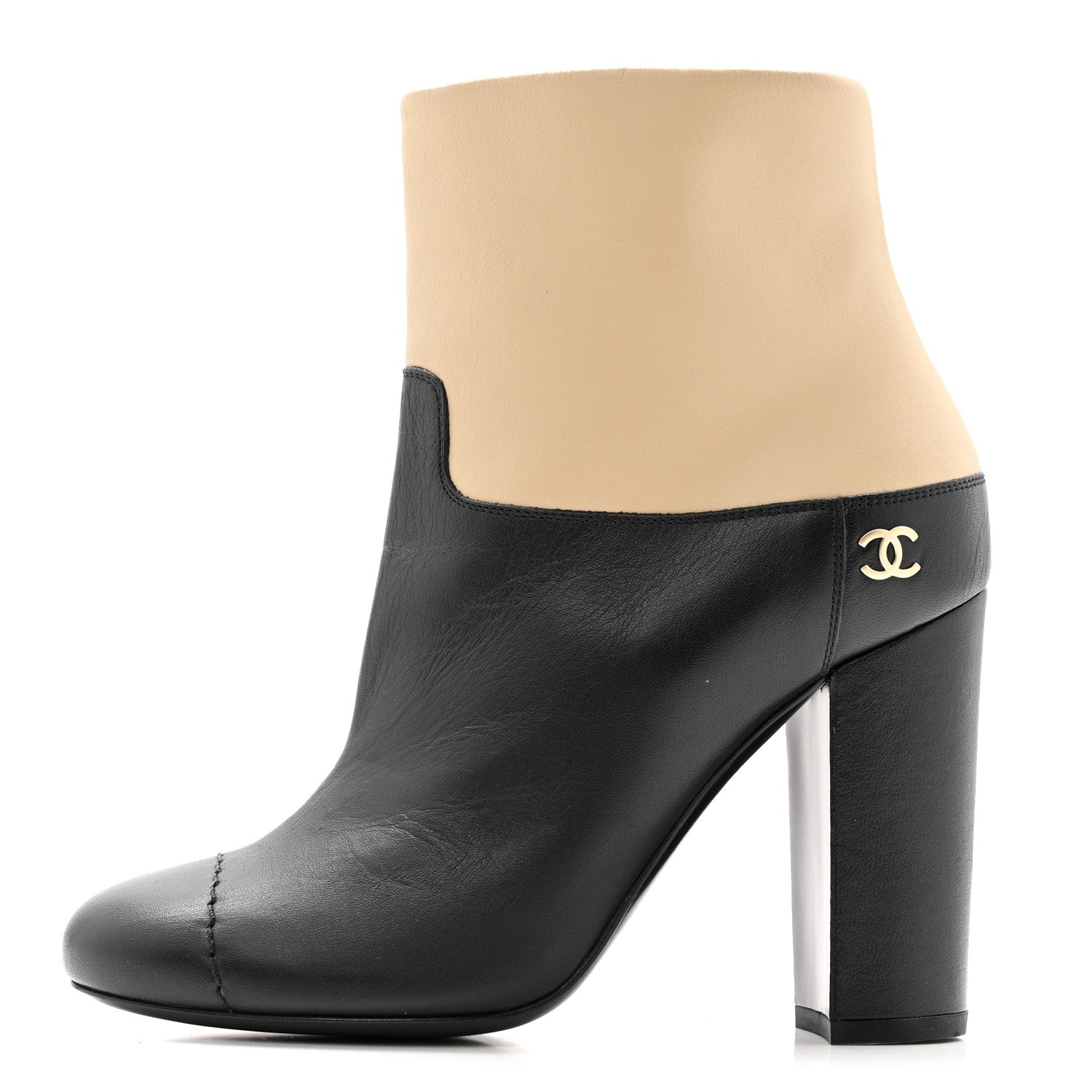 Chanel Tumbled Calfskin CC Short Boots 36 Beige Black