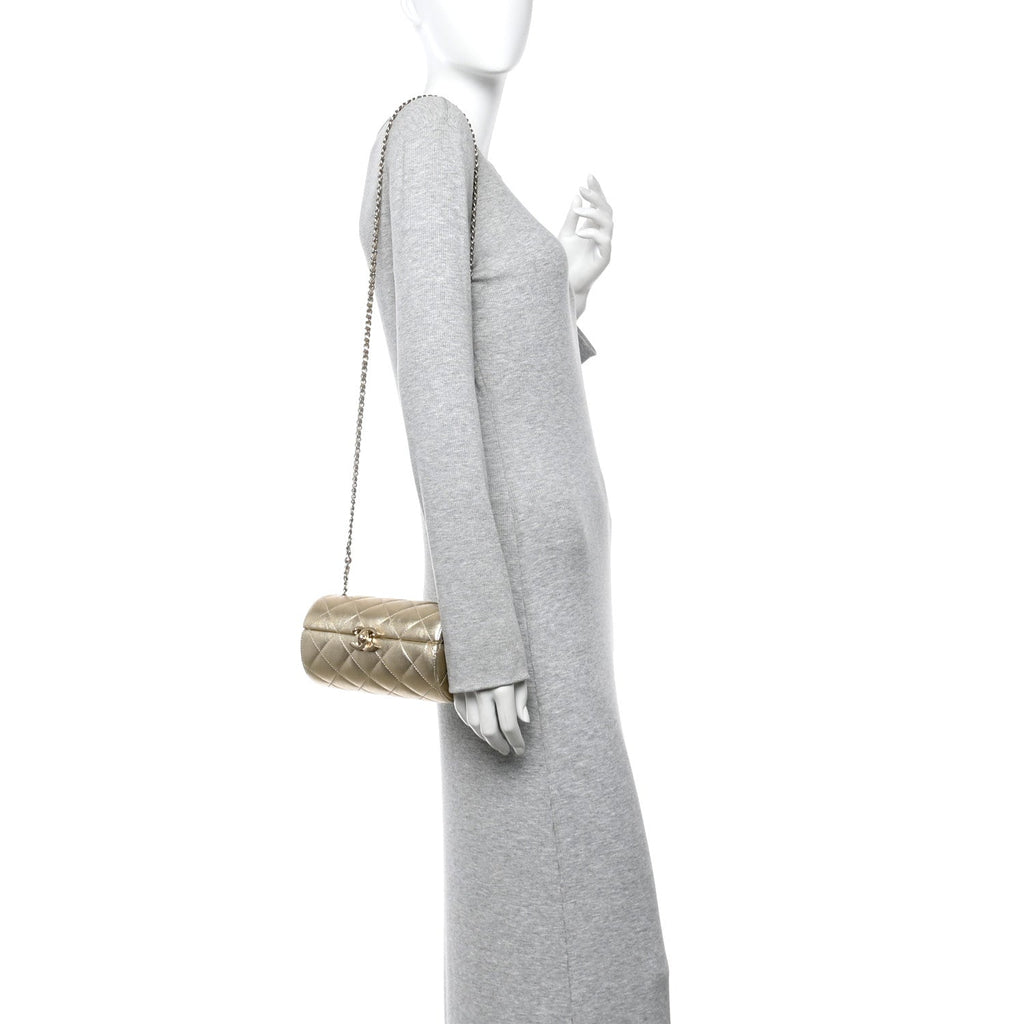 Chanel Metallic Lambskin Quilted Barrel Crossbody Bag Gold