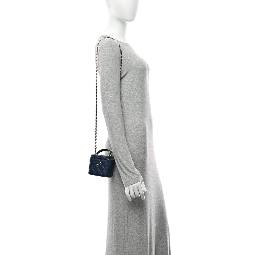 Chanel Lambskin Quilted Top Handle Mini Vanity Case With Chain Blue