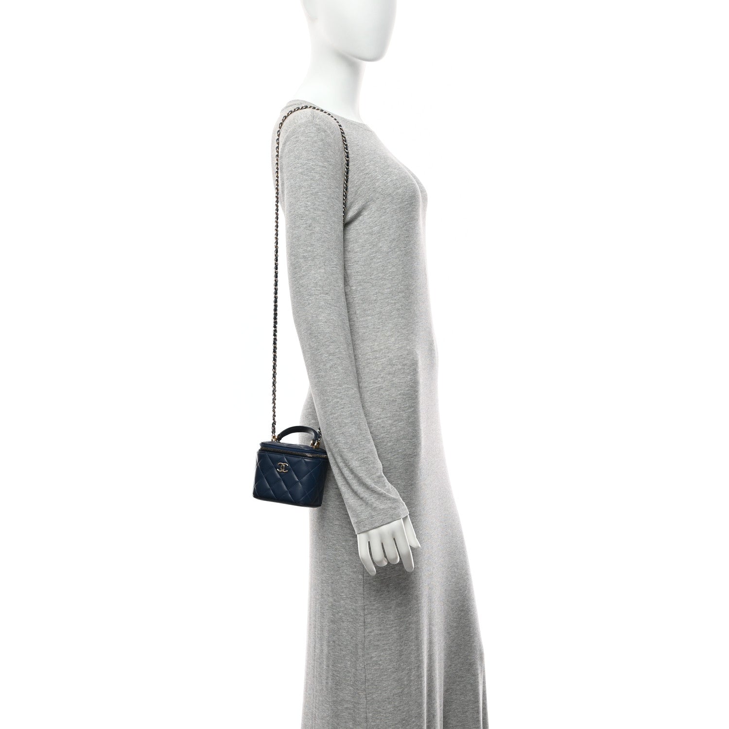 Chanel Lambskin Quilted Top Handle Mini Vanity Case With Chain Blue