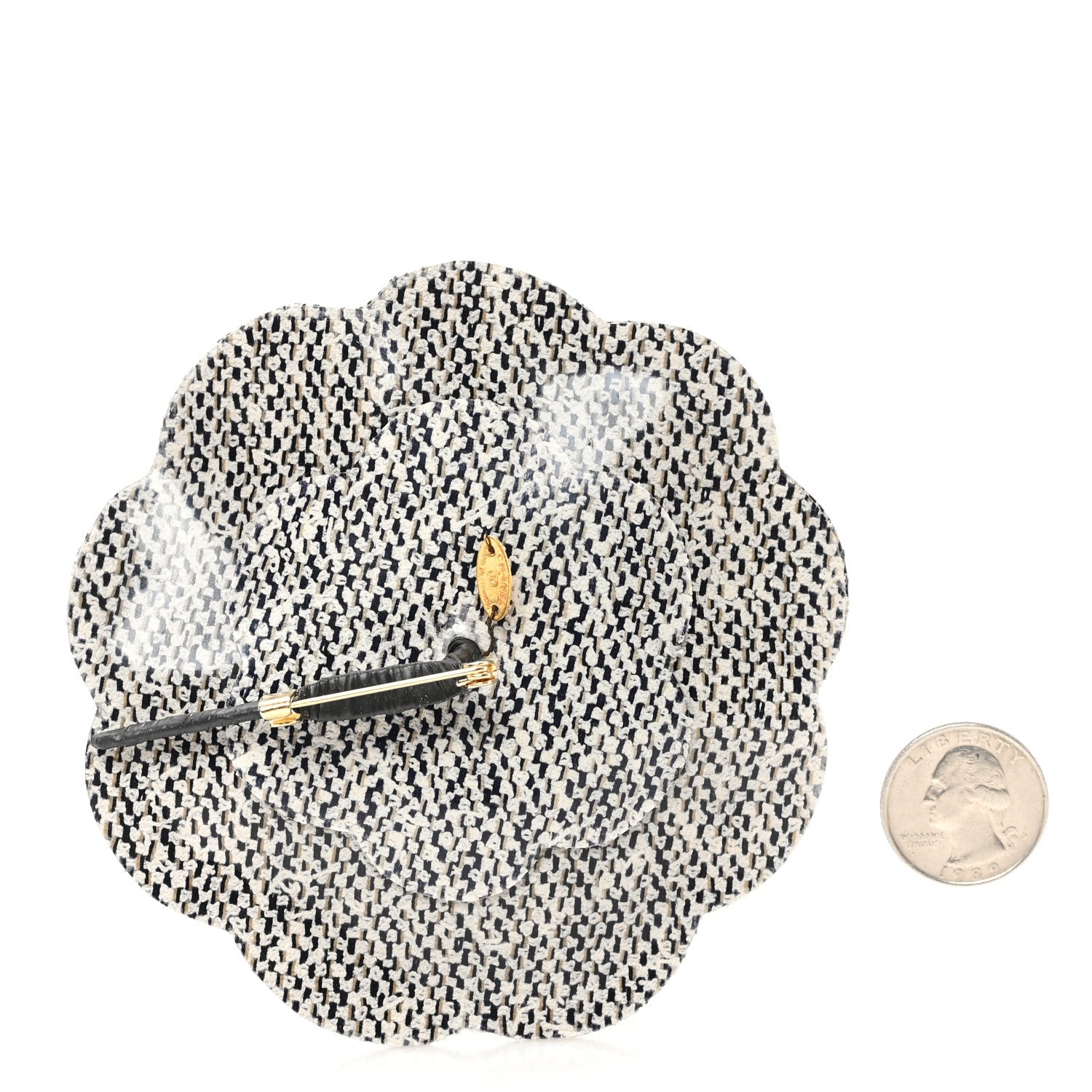 Patent Tweed Print Camellia Pin Brooch Grey