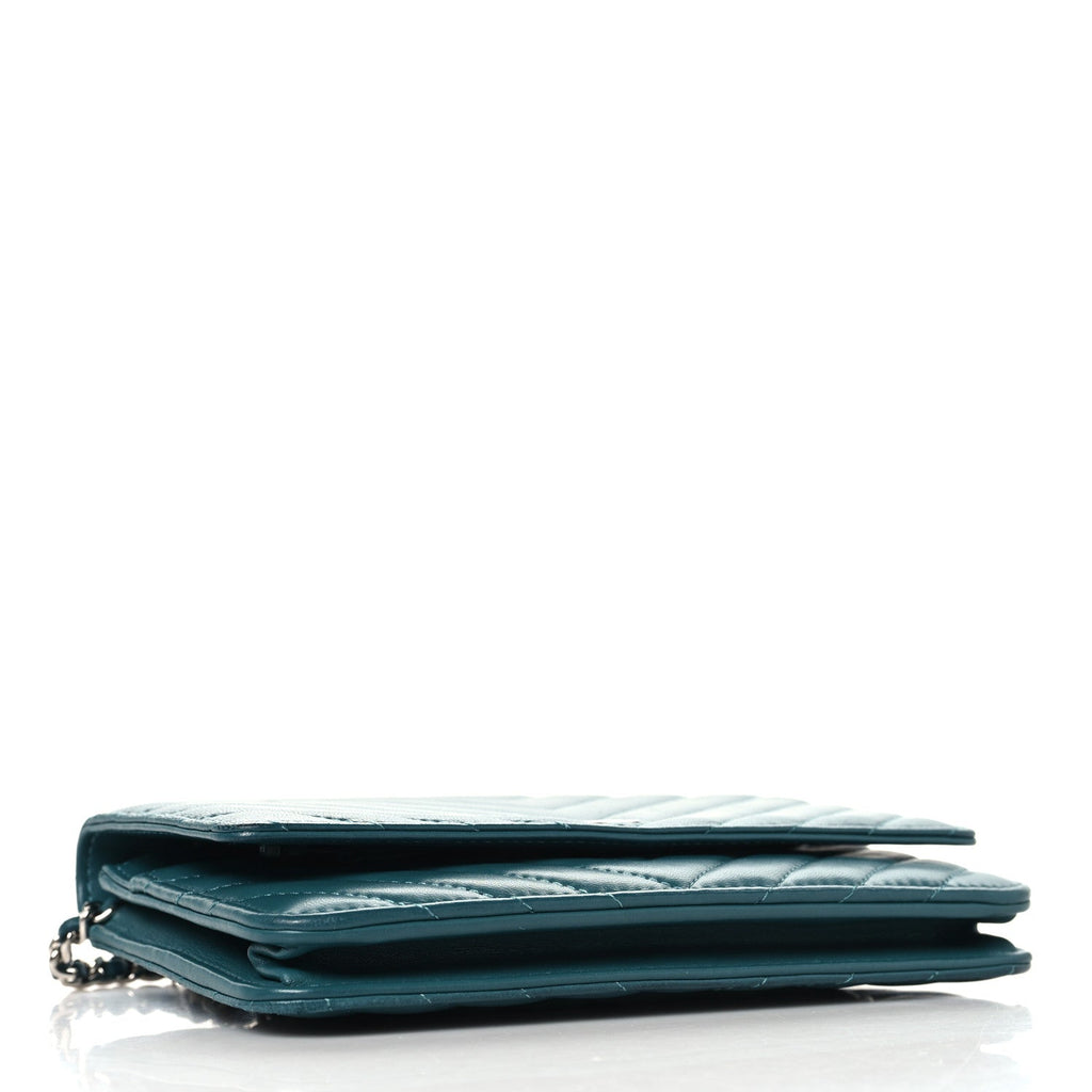Chanel Lambskin Chevron Quilted Wallet On Chain WOC Turquoise