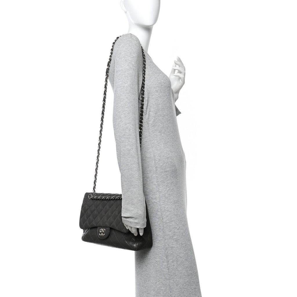 Chanel Caviar Quilted Jumbo Double Flap Grey