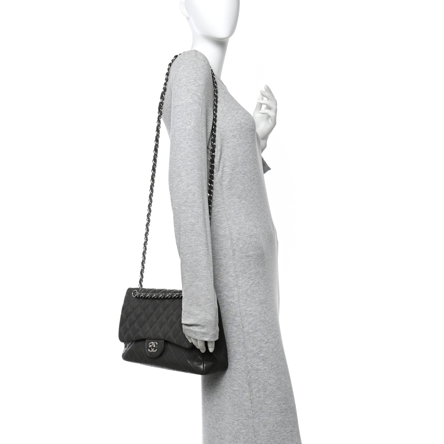 Chanel Caviar Quilted Jumbo Double Flap Grey