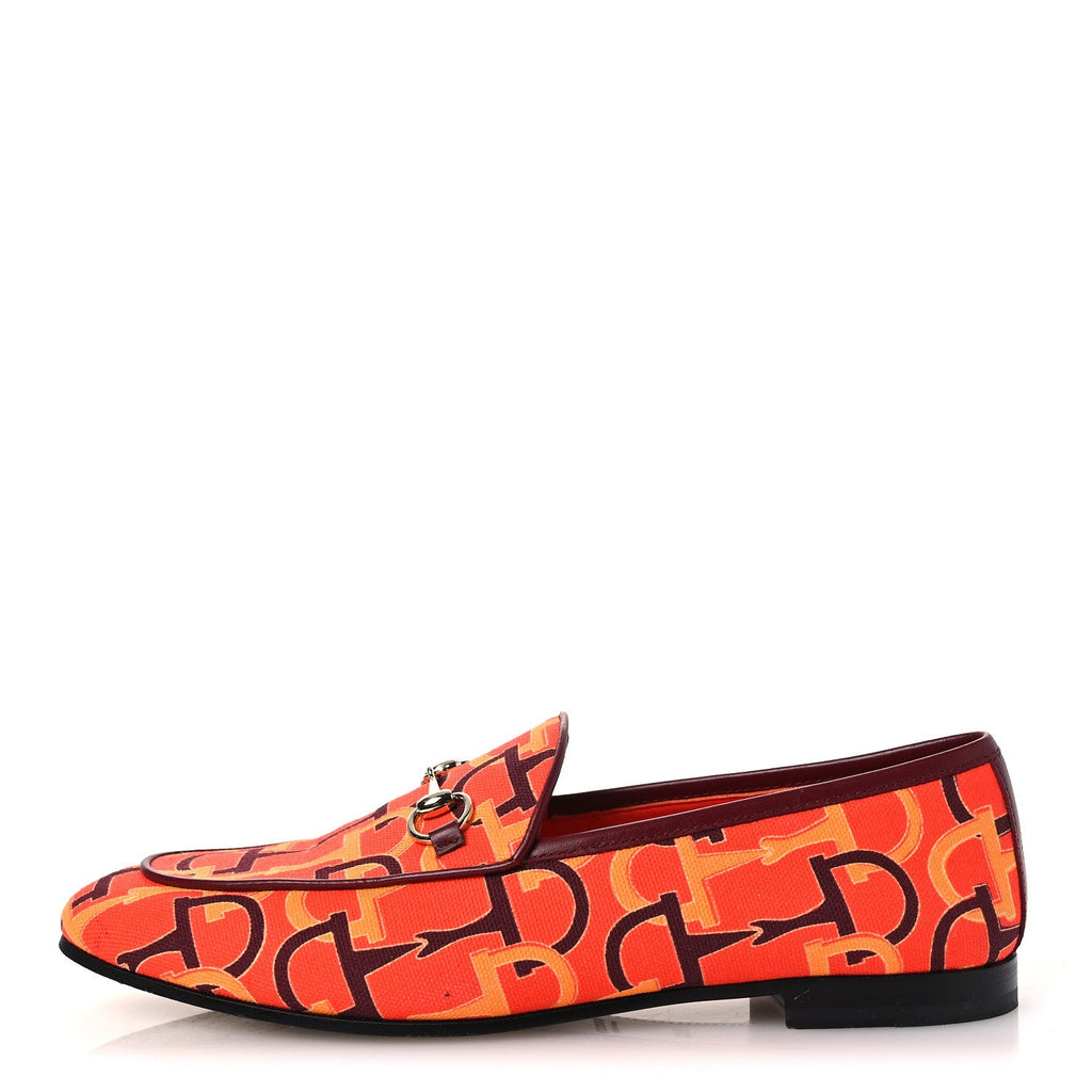 Gucci Betis Glamour Canvas Horsebit Print Womens Jordaan Loafers 39.5 Orange Red Rosso Ancora