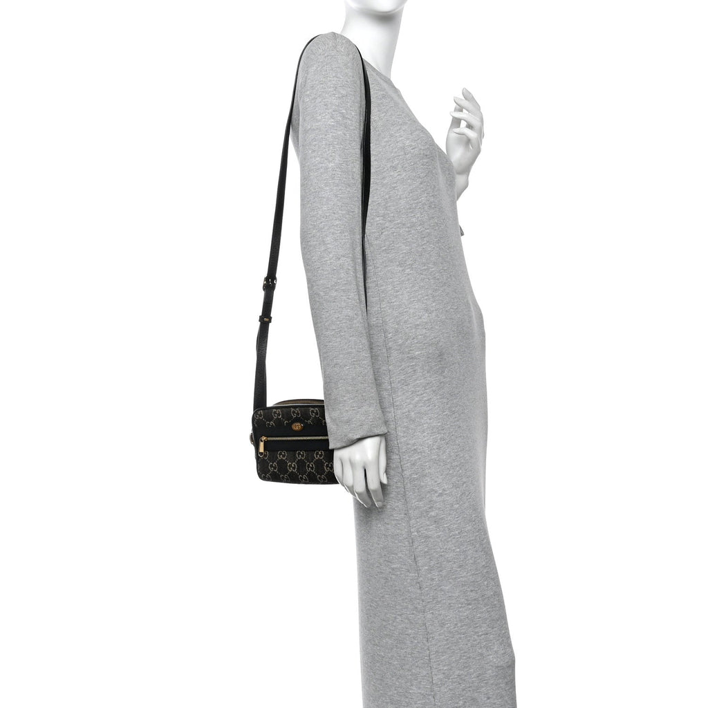 Gucci Jacquard Black Denim GG Monogram Textured Dollar Calfskin Mini Ophidia Shoulder Bag Black Ivory