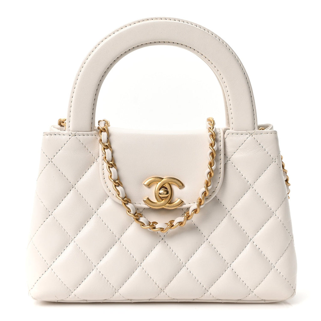 Chanel Shiny Aged Calfskin Quilted Nano Kelly Shopper White