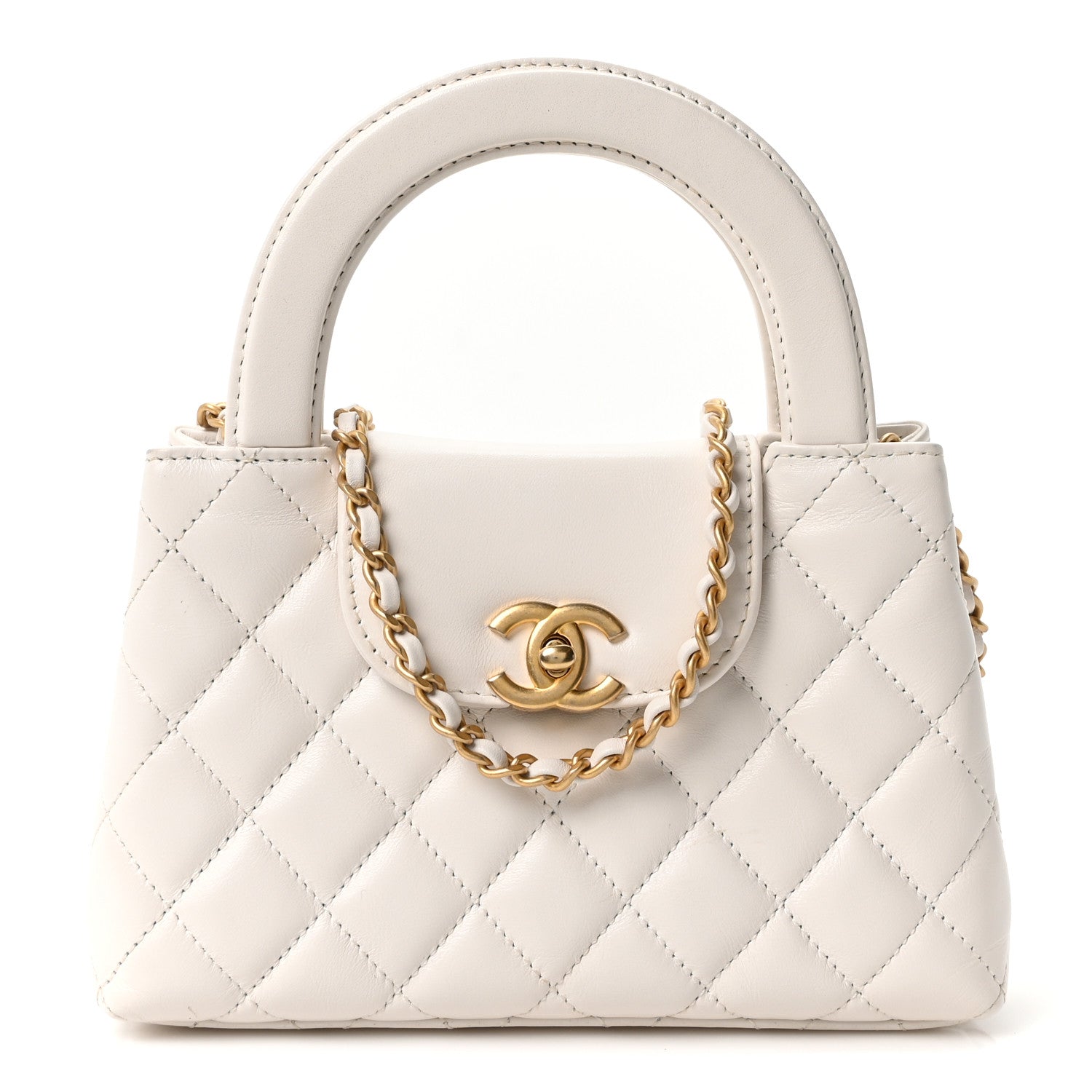 Chanel Shiny Aged Calfskin Quilted Nano Kelly Shopper White