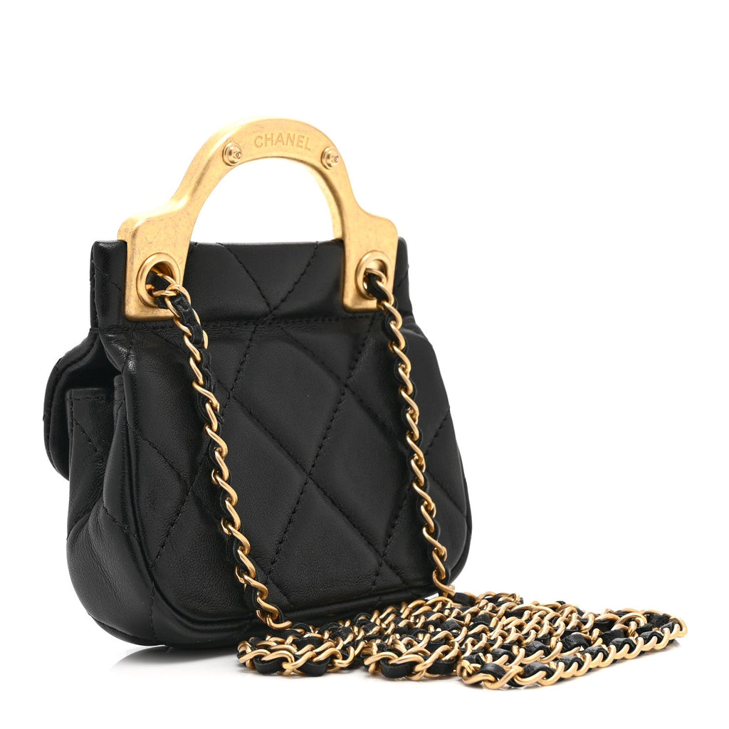 Chanel Calfskin Quilted Lady Handle Flap Card Holder With Chain Black