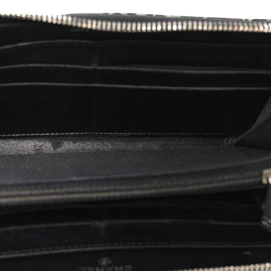 Lambskin Camellia Embossed Large Zip Around Gusset Wallet Black White