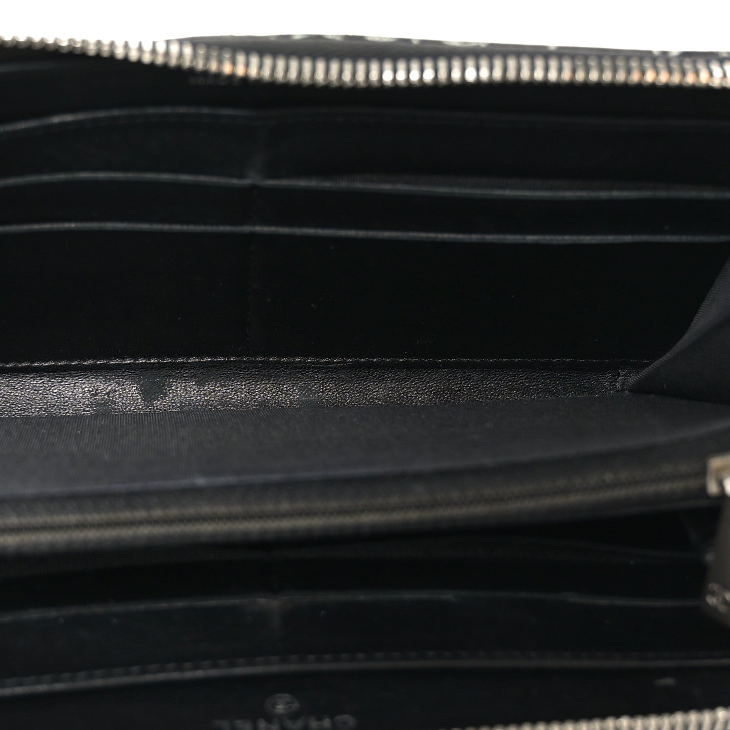 Lambskin Camellia Embossed Large Zip Around Gusset Wallet Black White