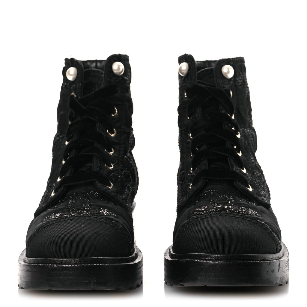 Grosgrain Tweed Pearl CC Combat Short Boots 39 Black
