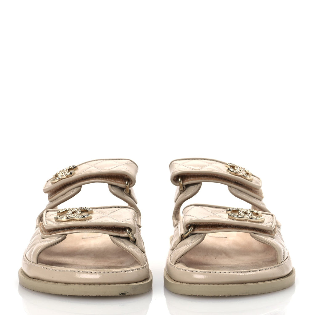 Chanel Shiny Calfskin Crystal Quilted Velcro Dad CC Slide Sandals 38 Light Beige