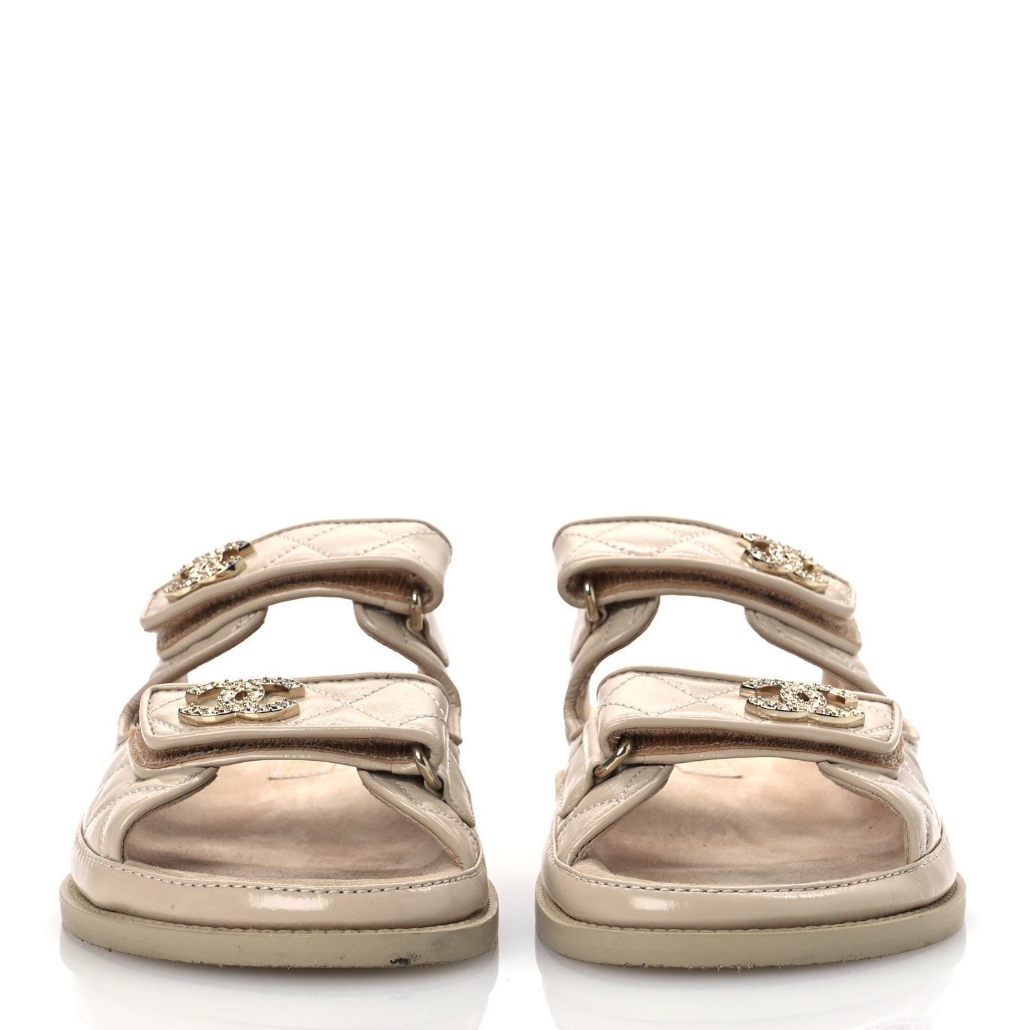 Chanel Shiny Calfskin Crystal Quilted Velcro Dad CC Slide Sandals 38 Light Beige
