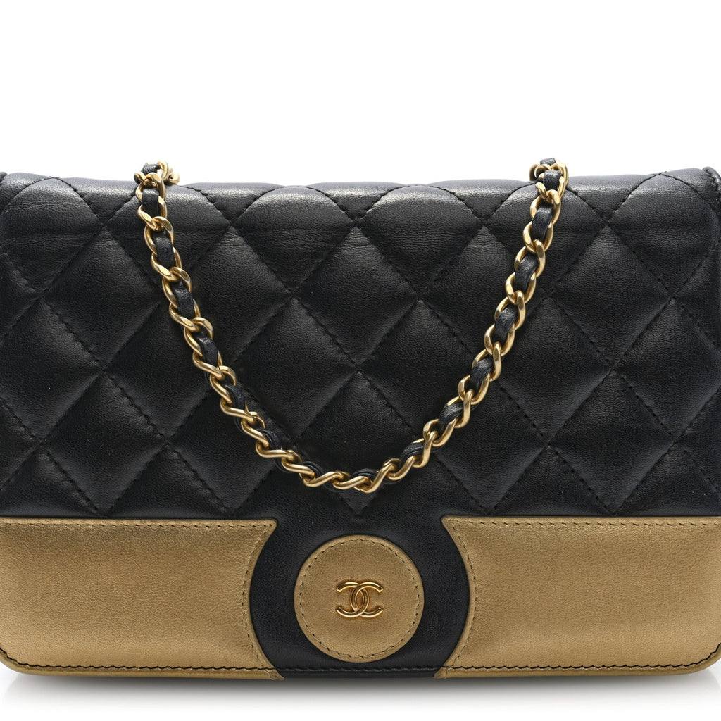 Chanel Lambskin Quilted Wallet On Chain WOC Black Gold