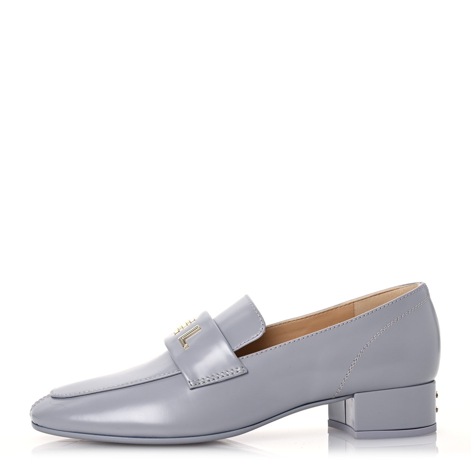 Chanel Shiny Calfskin Logo Loafers 37 Light Grey