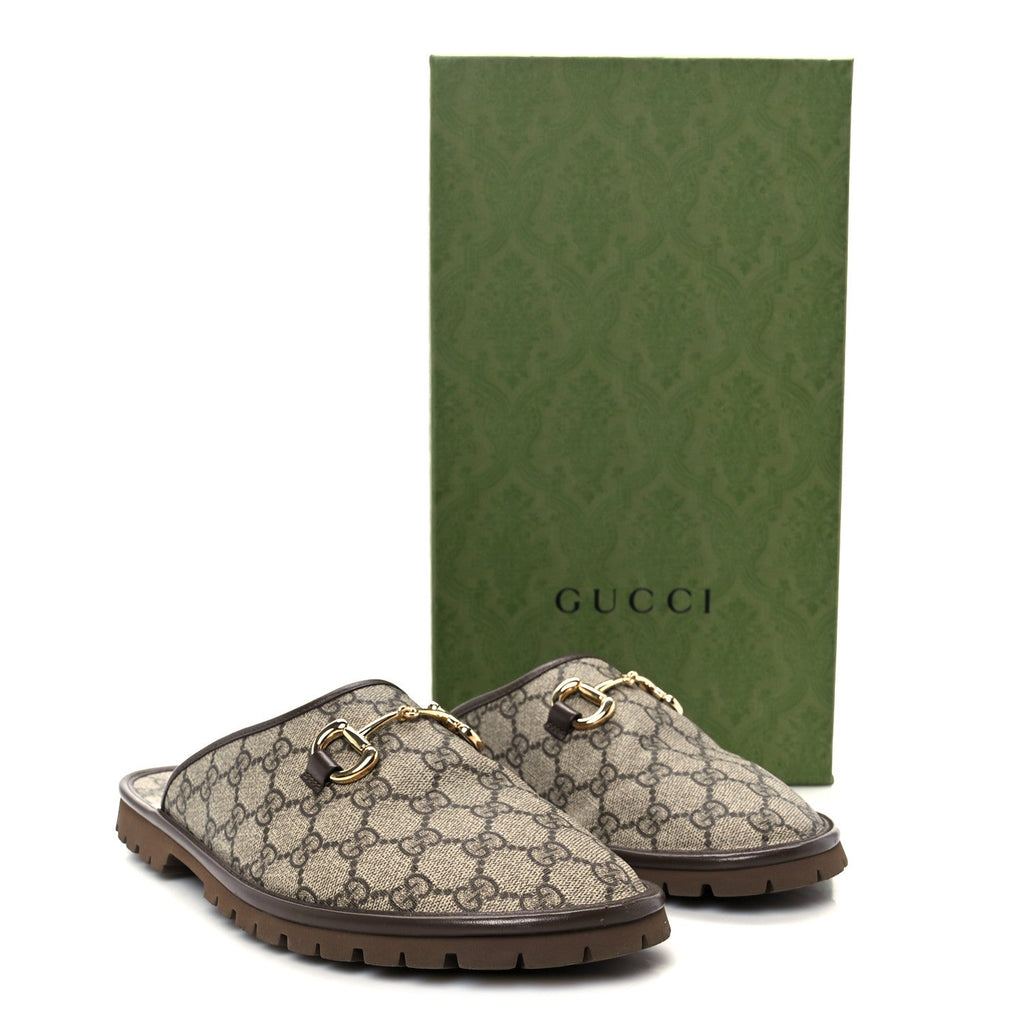 Gucci GG Supreme Monogram Miro Soft Calfskin Men's Horsebit Slippers 10 Beige Ebony New Acero