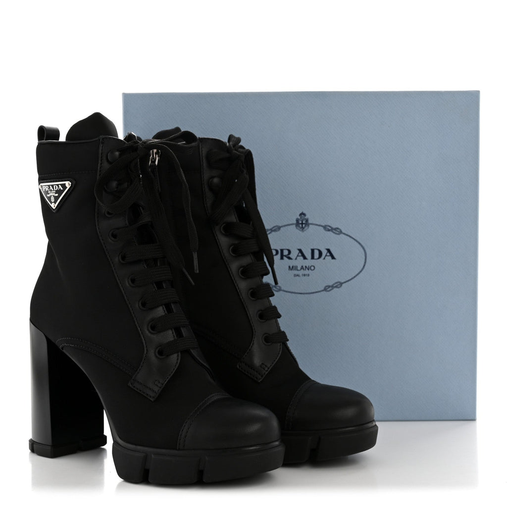 Prada Spazzolato Re-Nylon Metal Triangle Logo 110mm Ankle Boots 40 Black