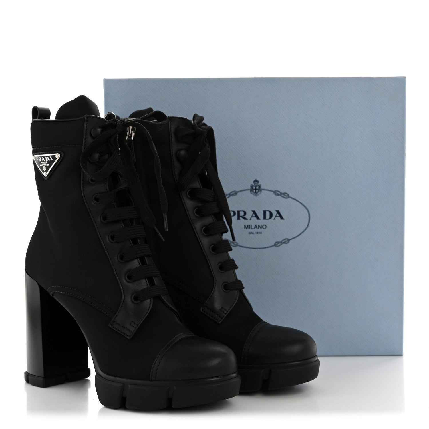 Prada Spazzolato Re-Nylon Metal Triangle Logo 110mm Ankle Boots 40 Black