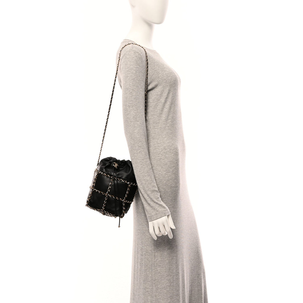 Chanel Lambskin Bucket Chain Drawstring Bag Black