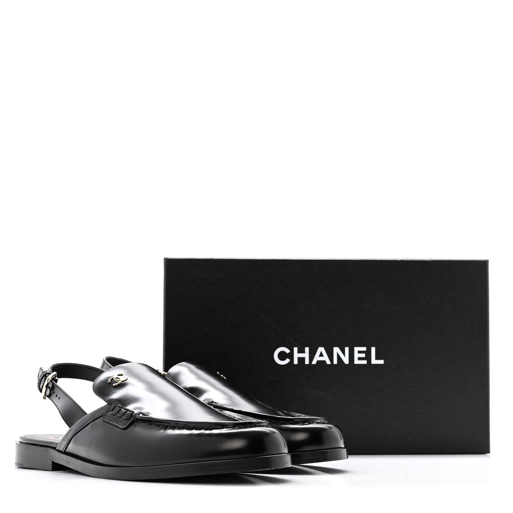 Chanel Shiny Calfskin Slingback Loafers 39 Black