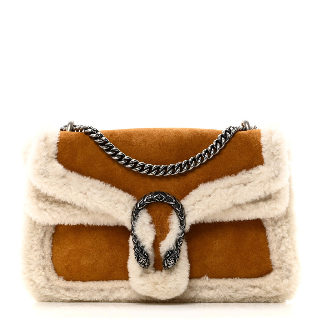 Gucci Suede Shearling Small Dionysus Bag Honey Beige Milk