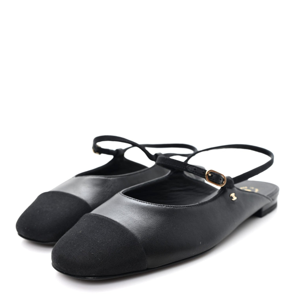Lambskin Grosgrain Rounded Toe CC Slingback Flats 36.5 Black