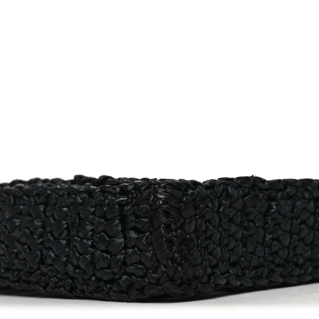 Prada Yarn Raffia Effect Crochet Logo Embroidered Tote Bag Black
