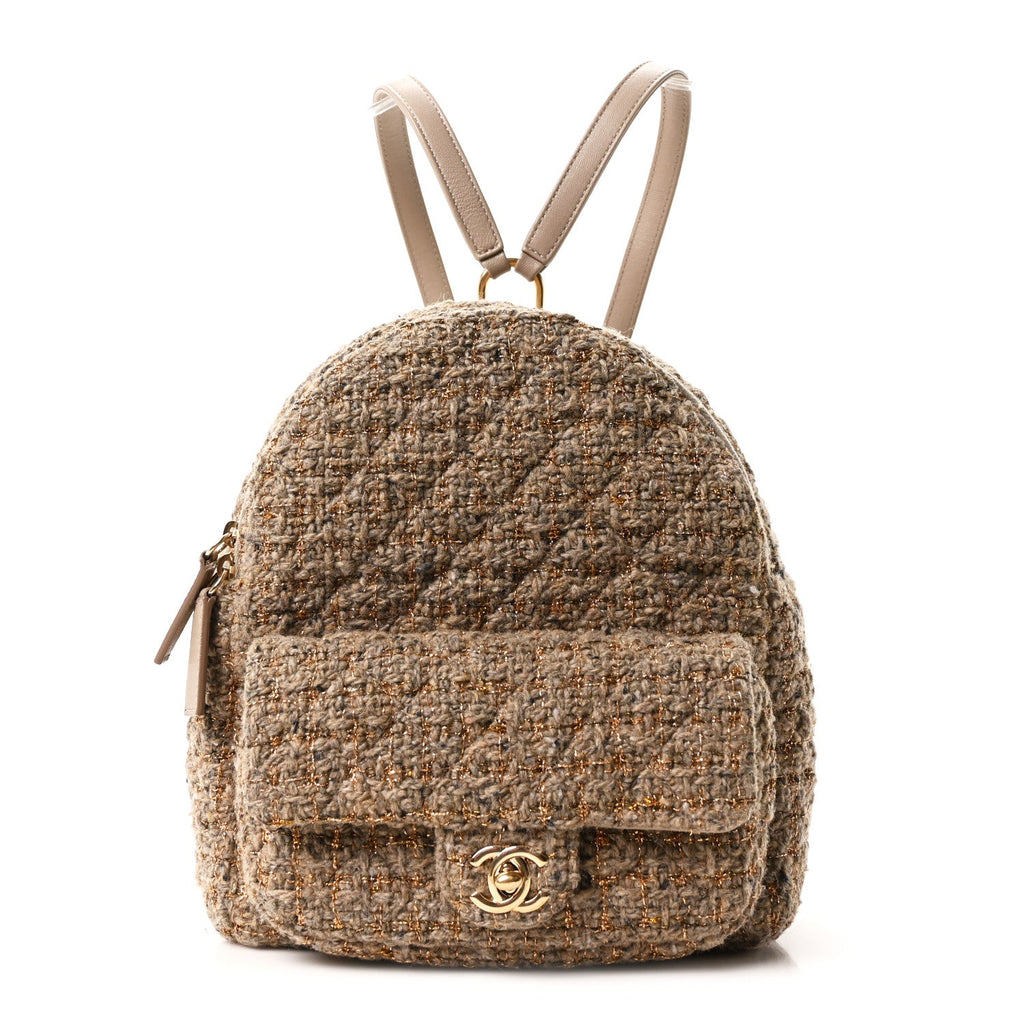 Chanel Tweed Front Pocket Backpack Beige