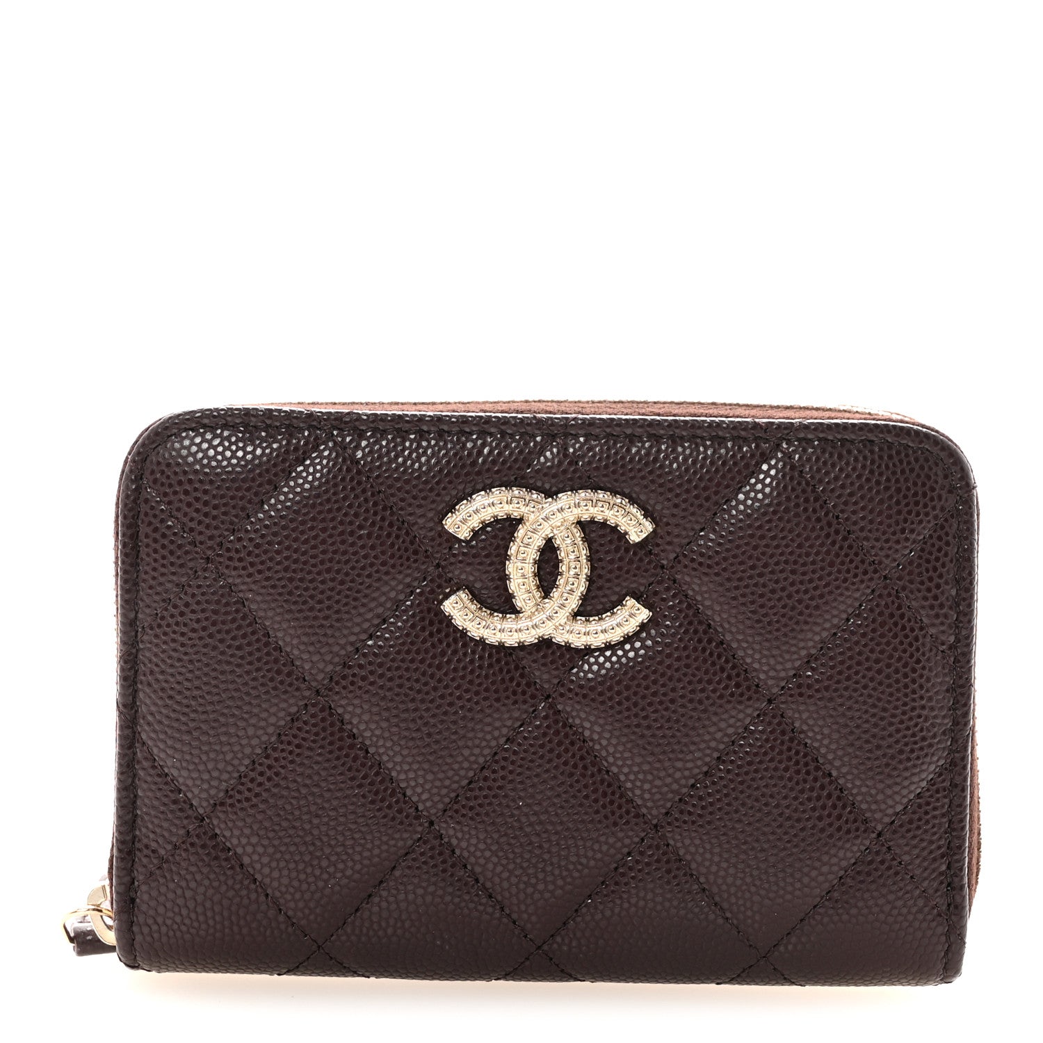 Caviar Quilted Textured CC Zip Around Card Holder Burgundy