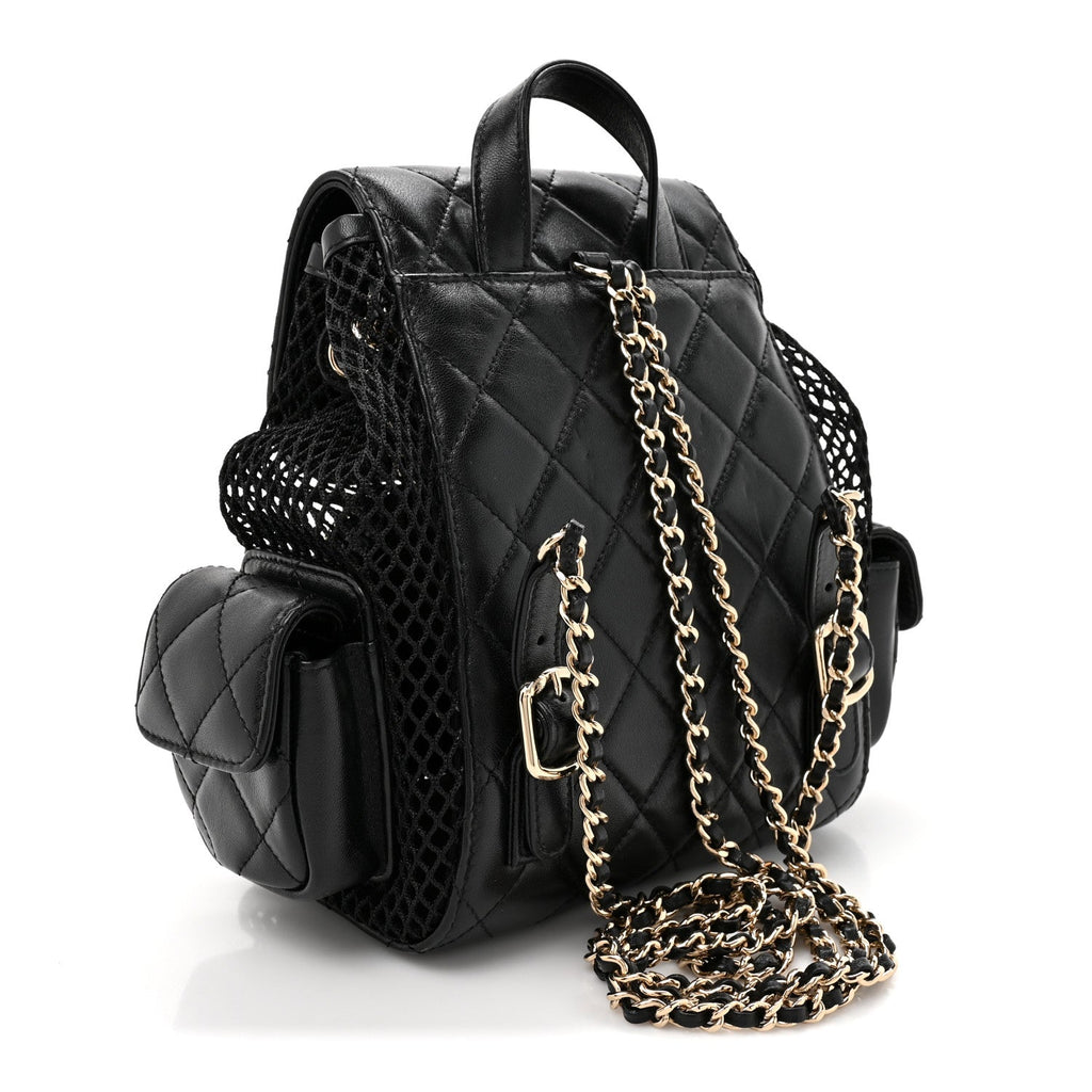 Chanel Shiny Lambskin Mesh Quilted Small Cargo Duma Drawstring Backpack Black