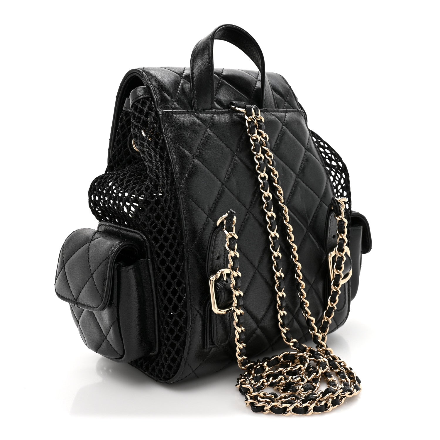 Chanel Shiny Lambskin Mesh Quilted Small Cargo Duma Drawstring Backpack Black