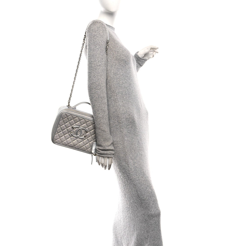Chanel Metallic Caviar Quilted Large CC Filigree Vanity Case Silver