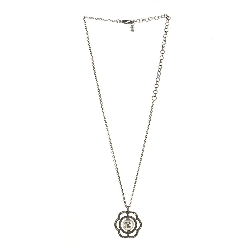 Metal Crystal Pearl CC Camellia Pendant Necklace Silver