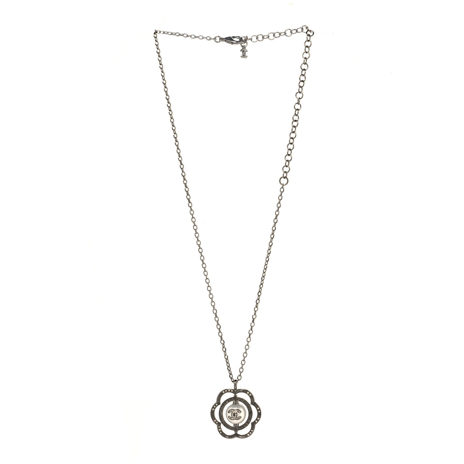 Metal Crystal Pearl CC Camellia Pendant Necklace Silver