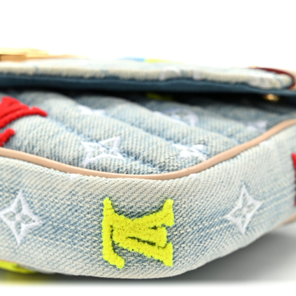 Louis Vuitton Embroidered Monogram Denim New Wave Chain Pochette Blue