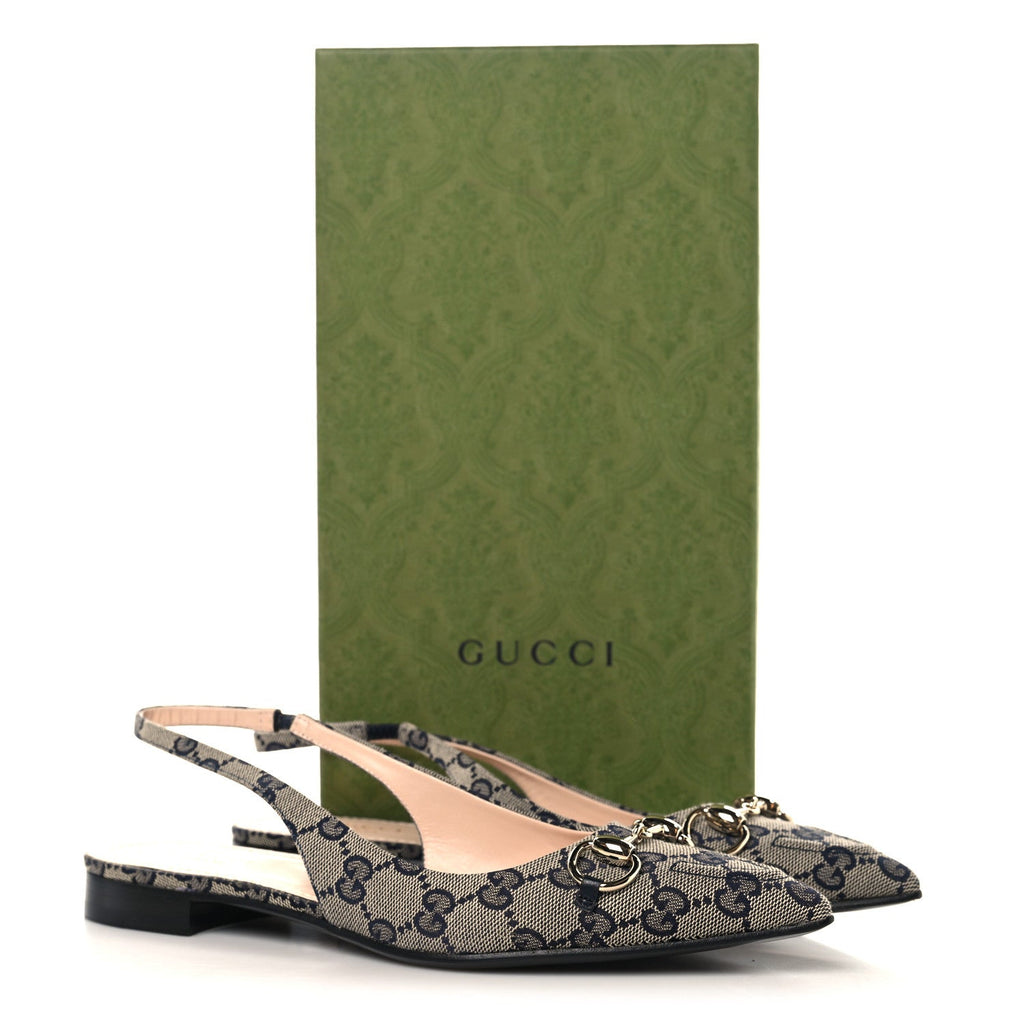 Gucci Monogram Horsebit Womens Slingback Ballet Flat 37.5 Beige Blue