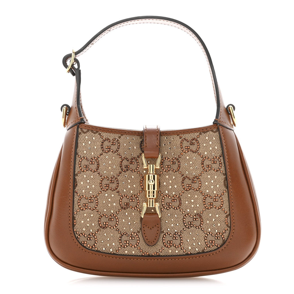 Gucci New Canvas Charisma Calfskin Crystal GG Monogram Mini Jackie 1961 Hobo Camel Ebony