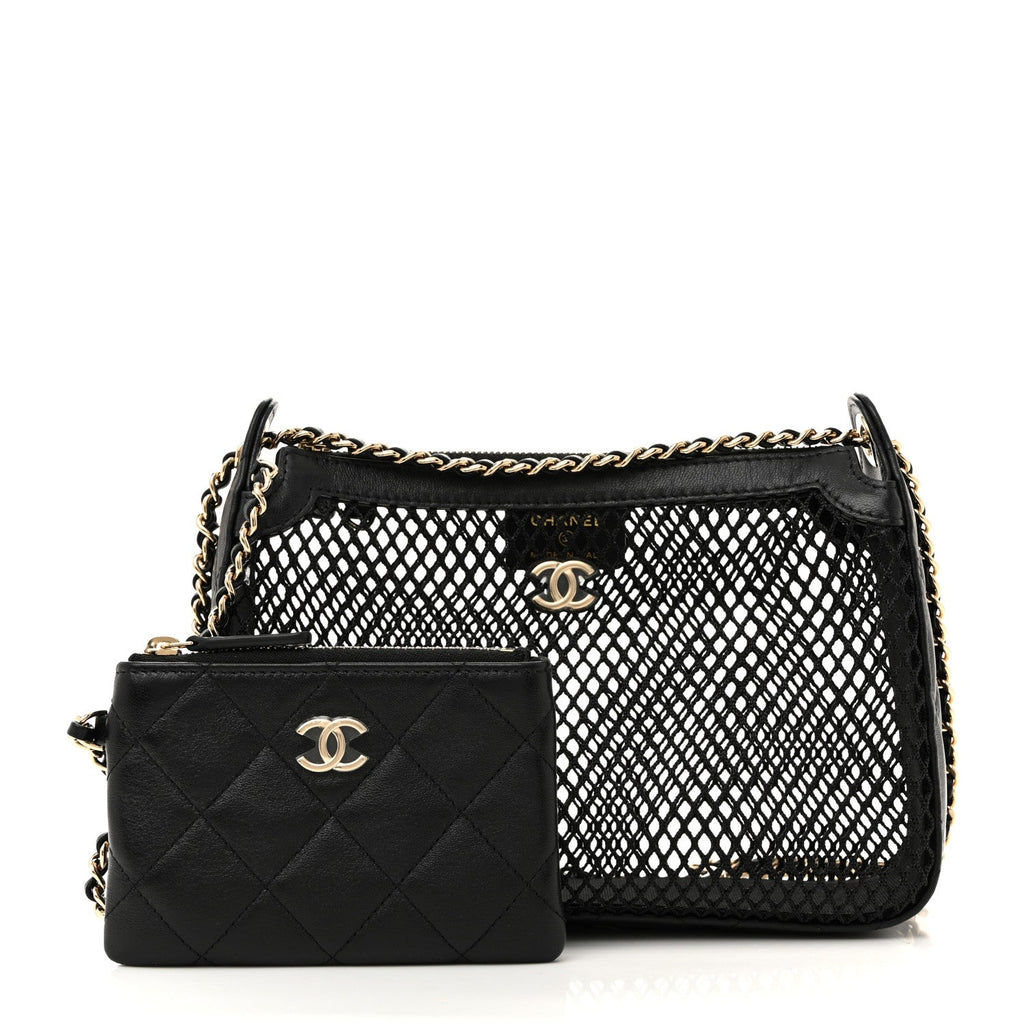 Chanel Mesh Shiny Lambskin Clutch With Chain Black